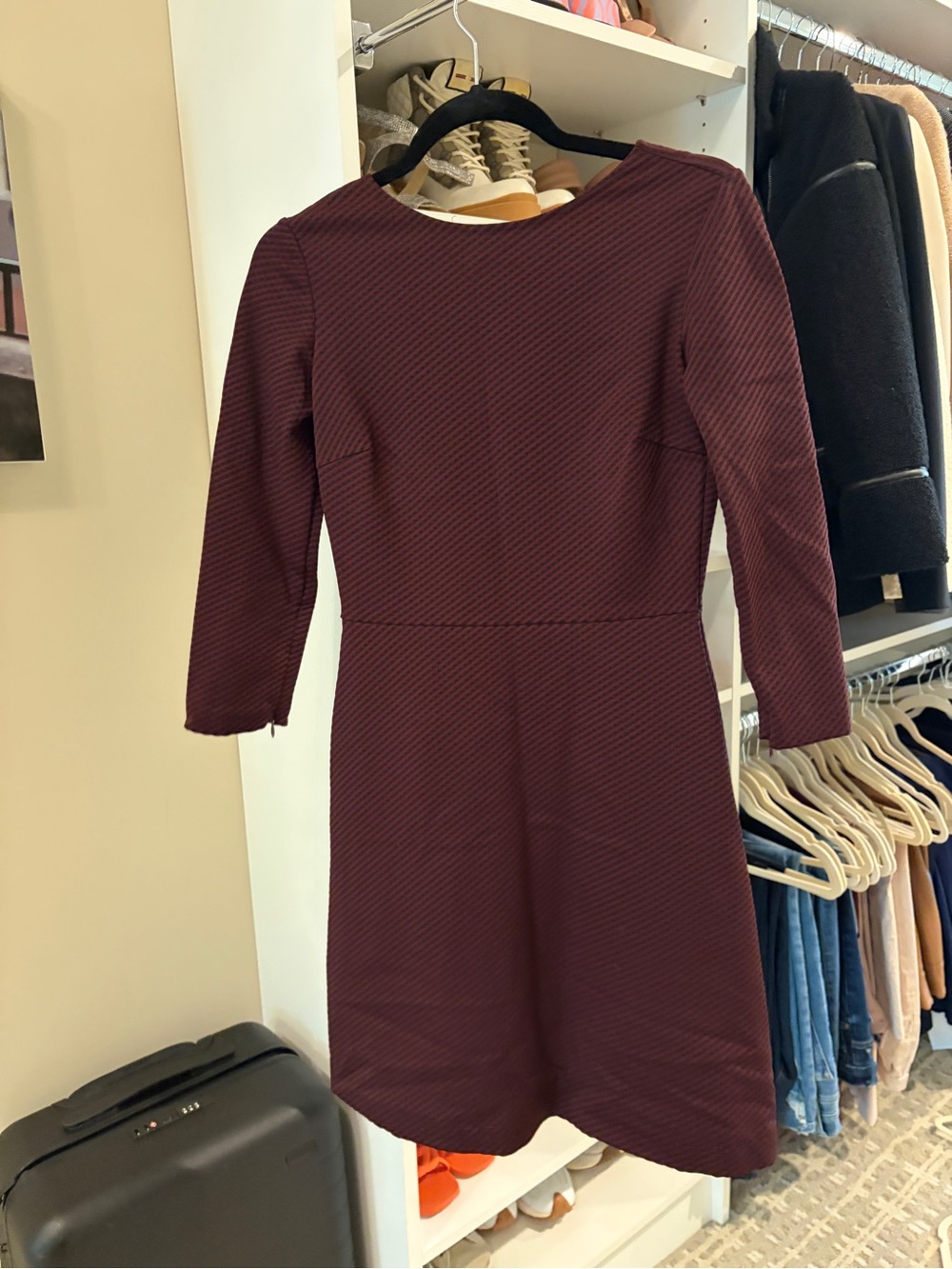 Theory Burgundy Long-Sleeve Textured Fit-and-Flare Dress